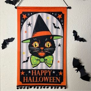 Vintage Inspired Halloween Black Cat Hanging Felt Sign Pendant